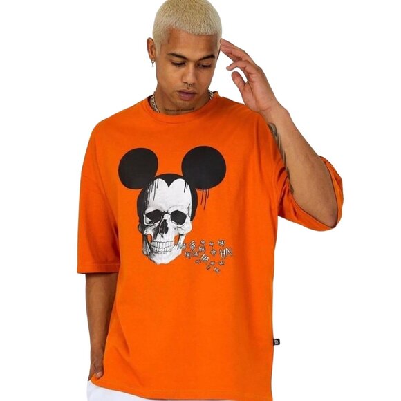 Mickey Mouse Skull Tee Orange Halloween Oversized Organic Cotton HA HA HA XL - Picture 3 of 5